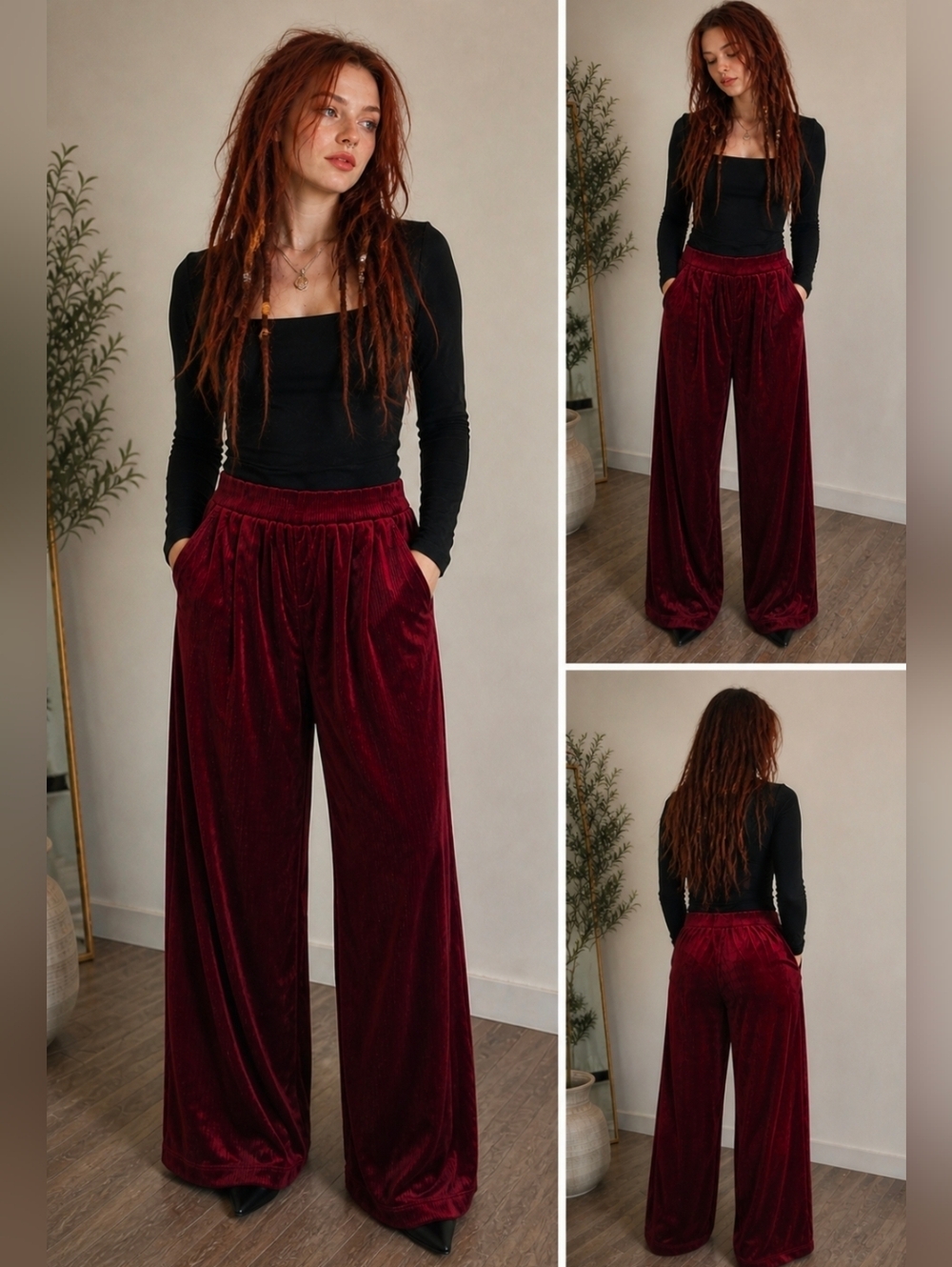 Halara Soft Wide-Leg Corduroy Pants in Burgundy Sz XL